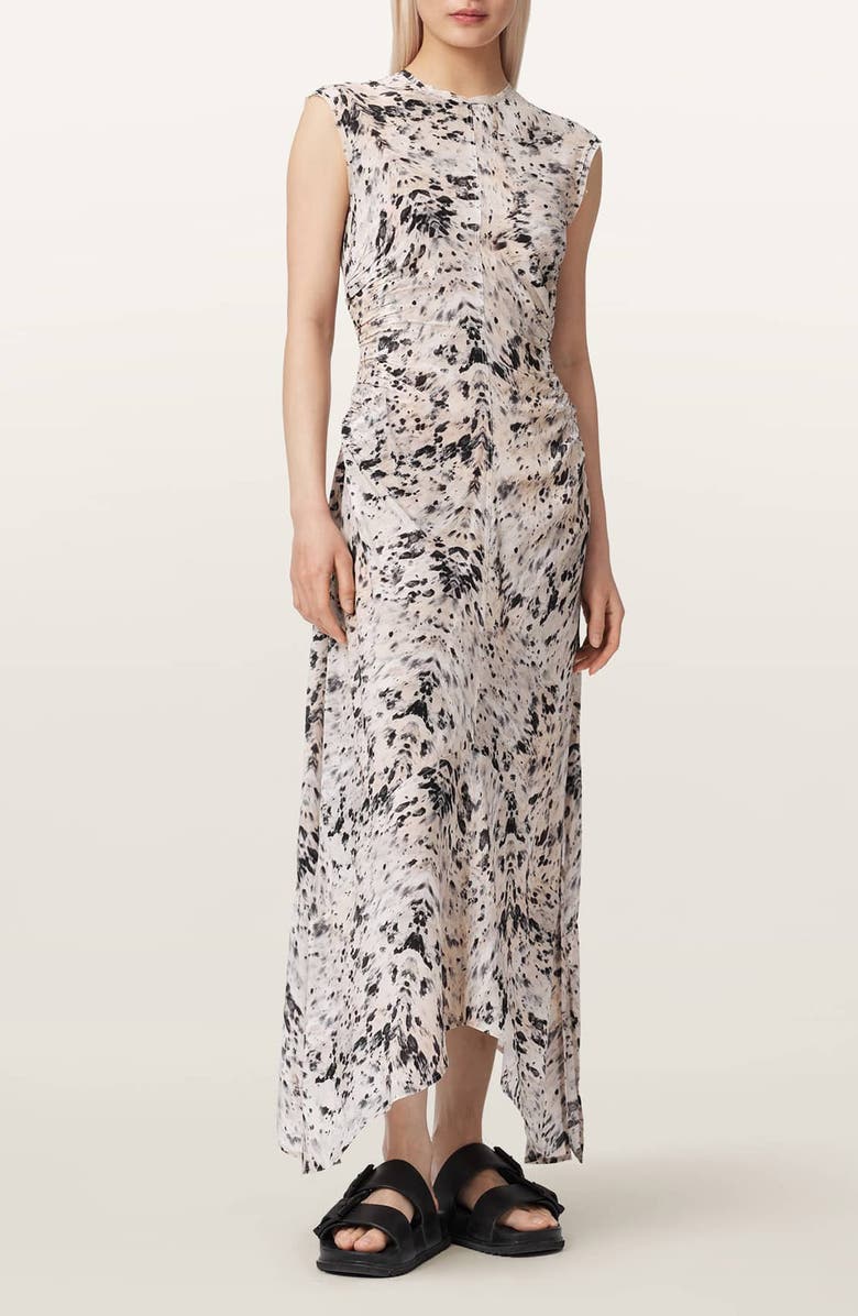 AllSaints Noor Abstract Print Ruched Dress, Alternate, color, Canter Ecru White