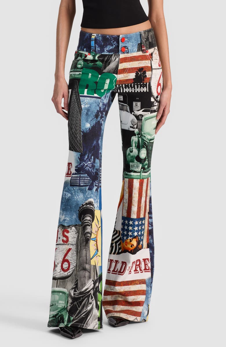 Alice + Olivia Kai Low Rise Flare Patchwork Jeans, Main, color, Open Road