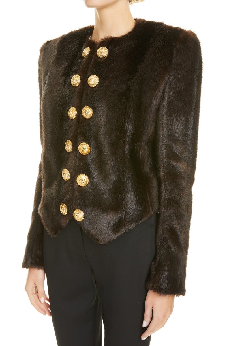 Balmain Button Detail Faux Fur Jacket, Alternate, color, 
