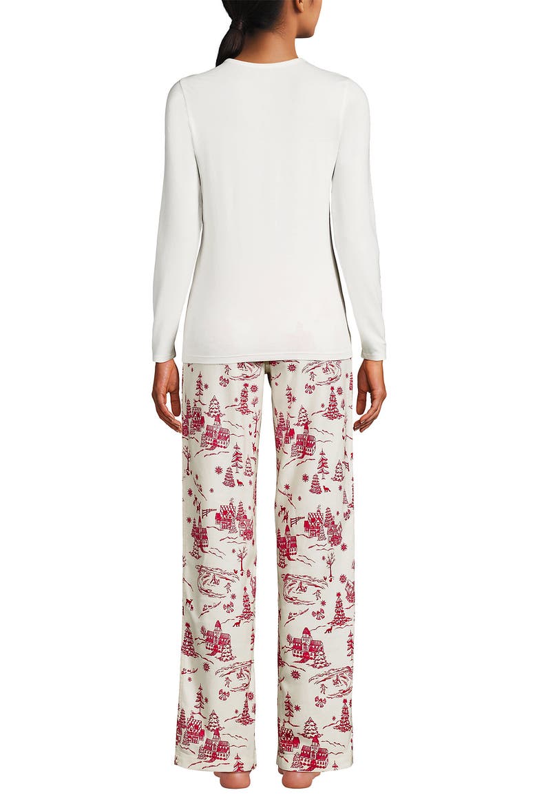 Pajama Set Knit Long Sleeve T-Shirt and Flannel Pants, Alternate, color, Ivory/Red Winter Village