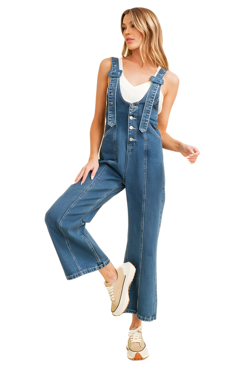 Classic Overall Jumpsuit with Button-Front and Wide-Leg Design
