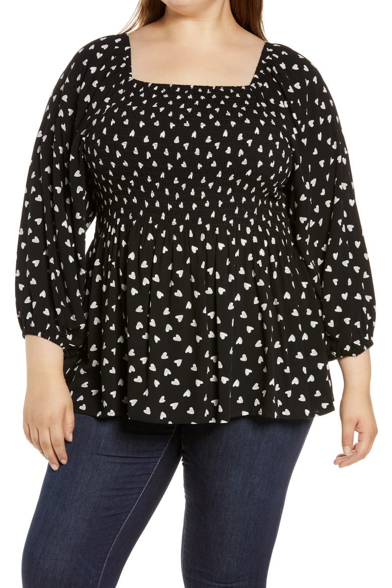 Balloon Sleeve Smocked Top, Main, color, BLACK HEARTS