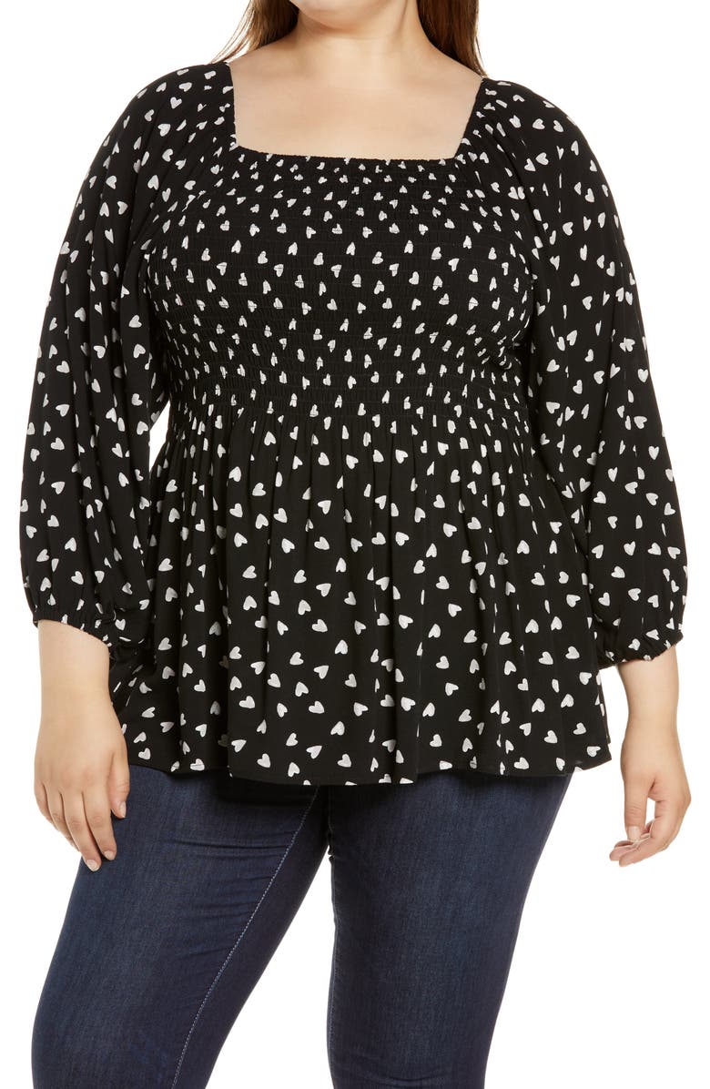 Bobeau Balloon Sleeve Smocked Top, Main, color,