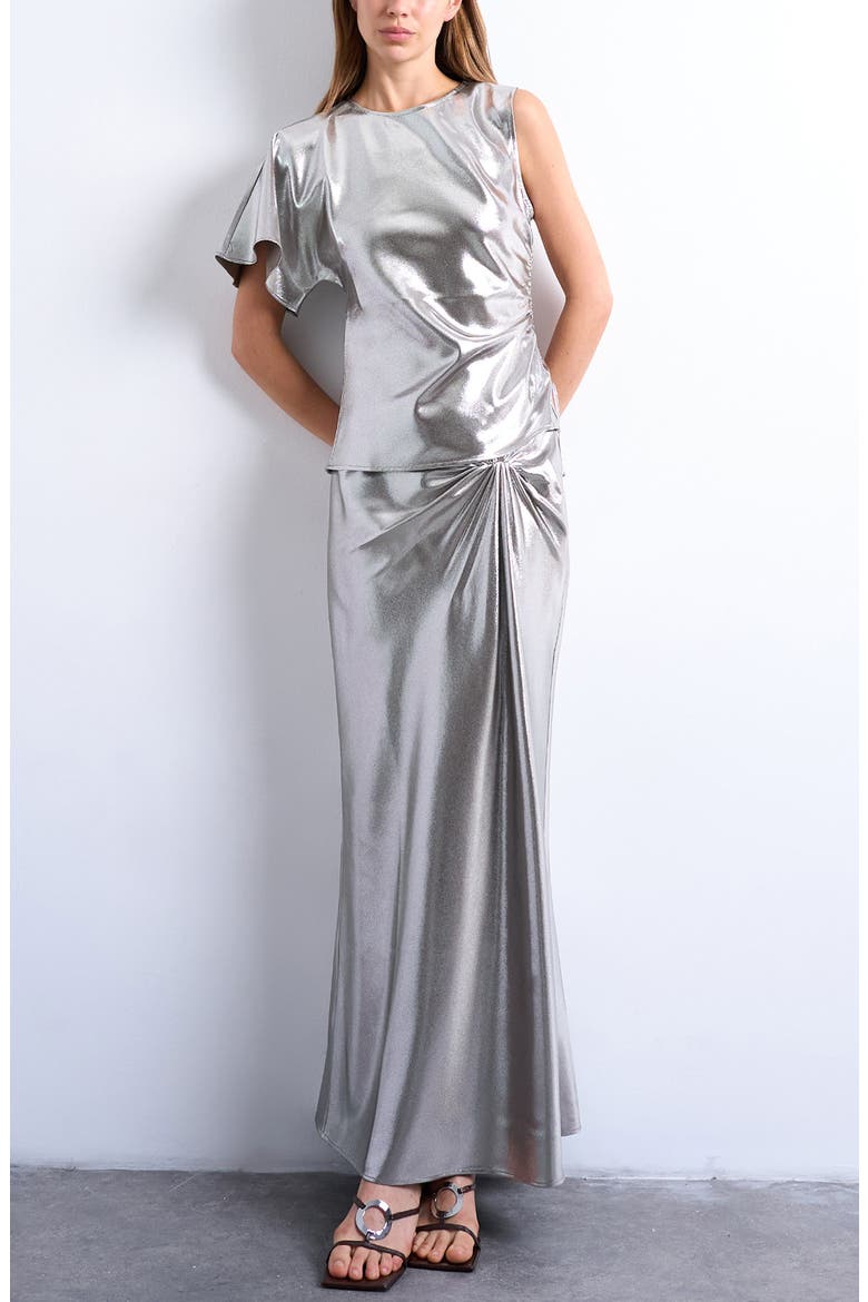 Metallic Knot Midi Skirt, Alternate, color, SILVER