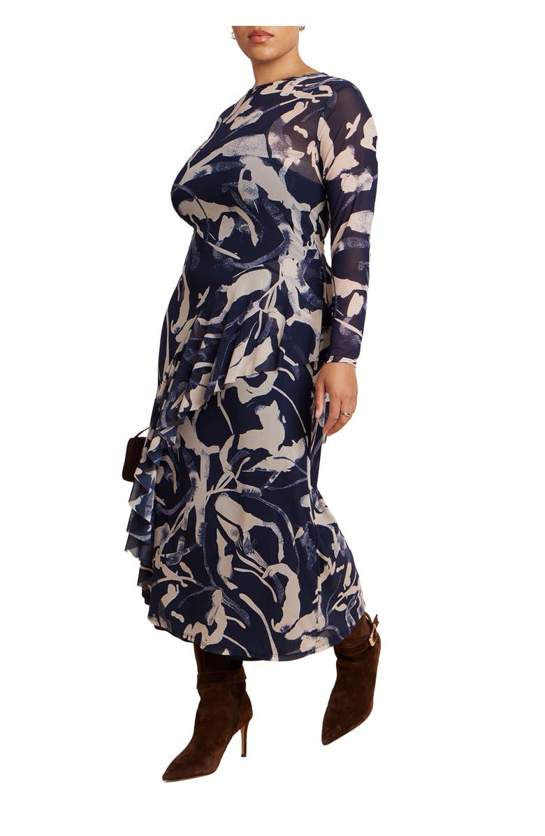 ELOQUII Asym Printed Midi Dress, Main, color, Ink Blotch Navy