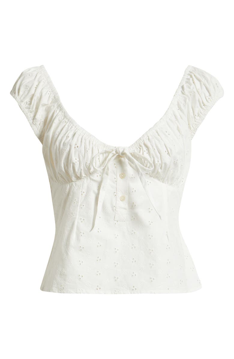 BDG Urban Outfitters Hallie Embroidered Eyelet Cap Sleeve Cotton Top, Main, color, White