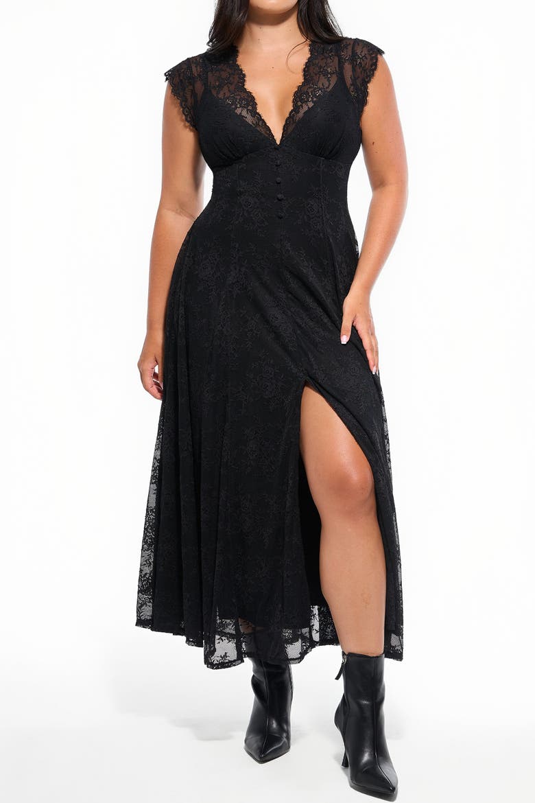 Shapewear Boho Floral Lace V Neck Resort Maxi Dress, Alternate, color, Midnight Black