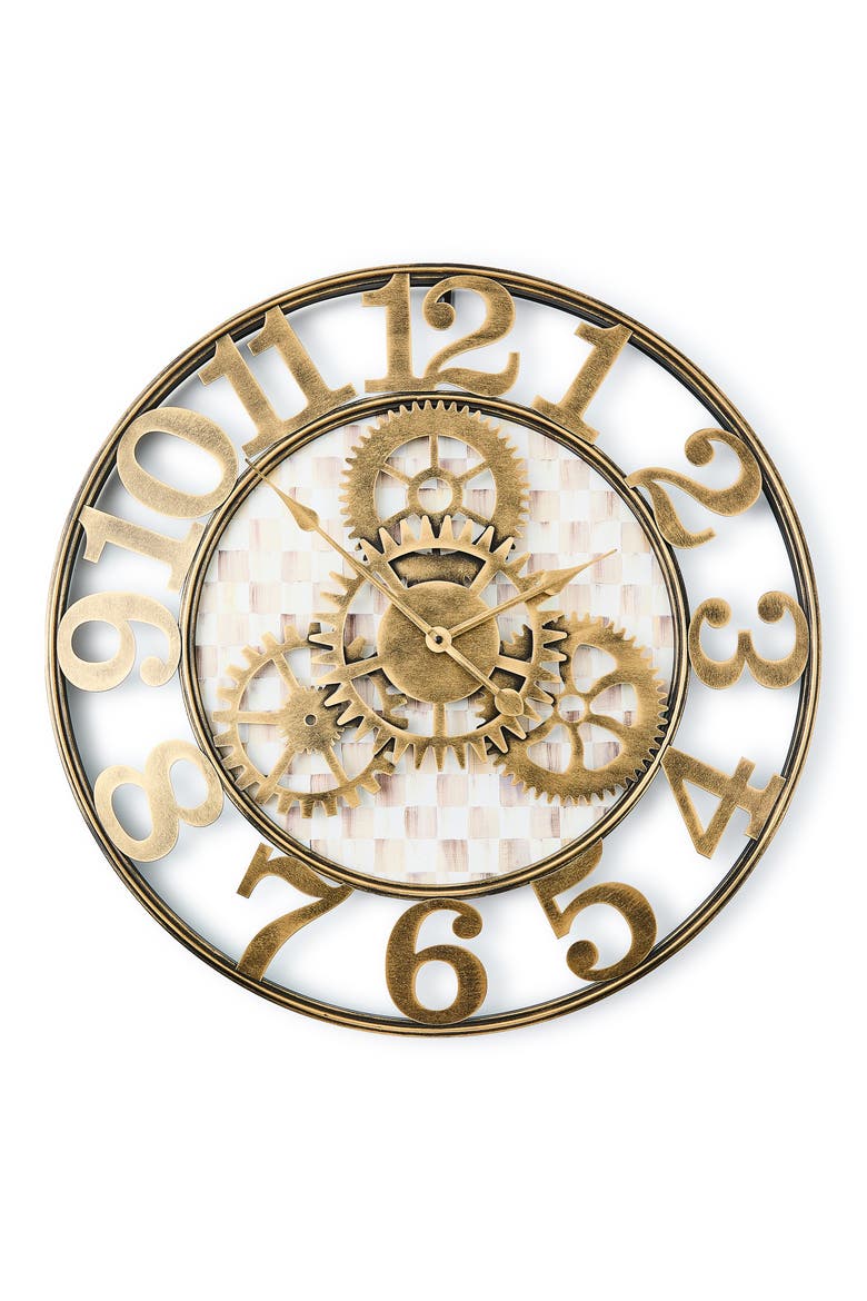 Mocha Check Large Wall Clock, Main, color, BRASS