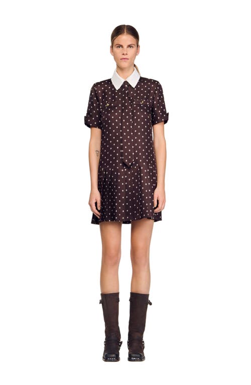 Sandro Printed Satin-effect Short Dress In Brown