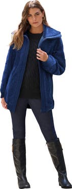 Roaman's Plus Size High Collar Teddy Fleece Bomber