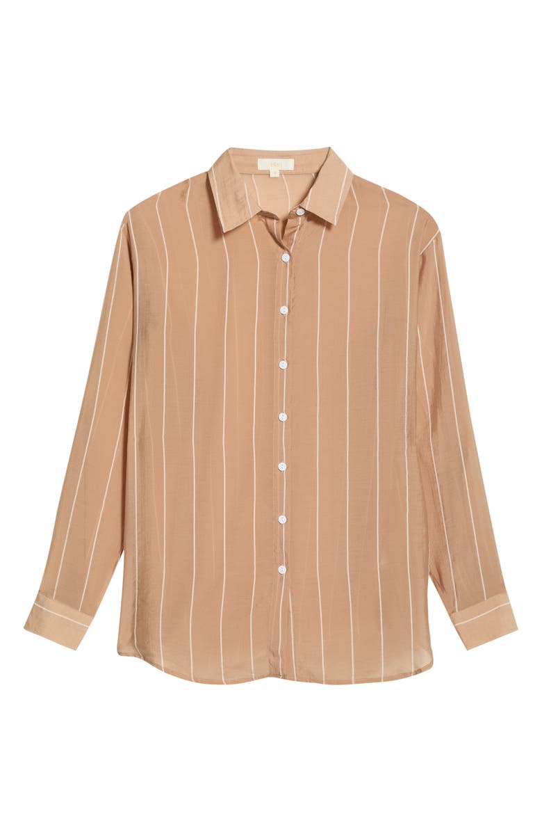 Elan Stripe Oversize Cotton Button-Up Cover-Up Shirt, Main, color, Tan