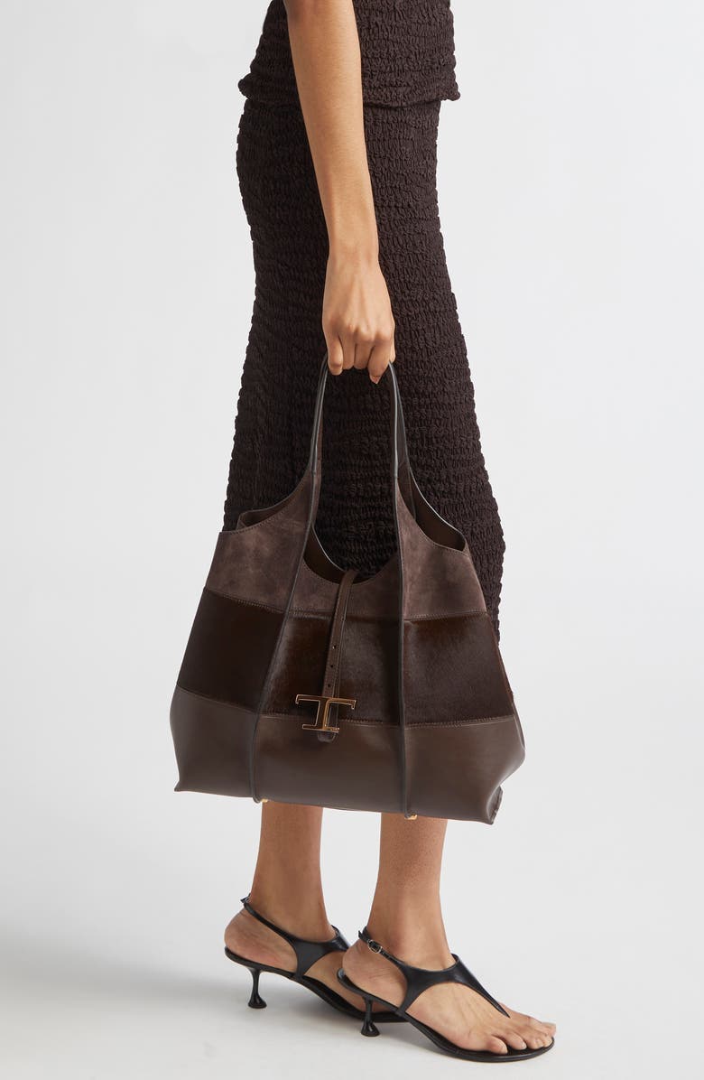 Tod's Medium TSB Suede & Genuine Calf Hair Tote, Alternate, color, Marr Rock/ Caffe/ Marr Afr