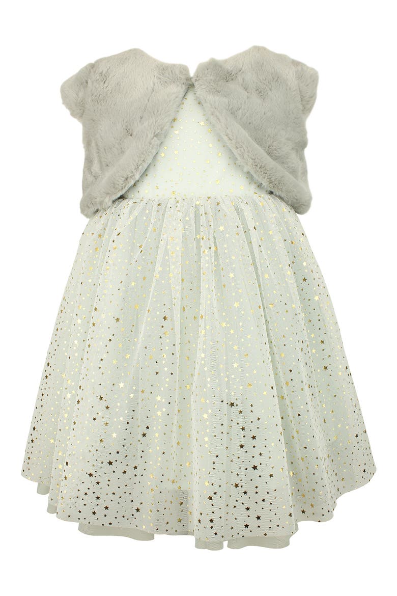 Kids' Foil Star Tulle Dress & Faux Fur Bolero, Main, color, GREY