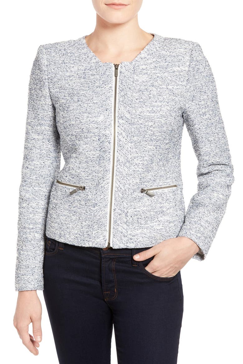Zip Front Collarless Jacket, Alternate, color, NAVY MELANGE PATTERN
