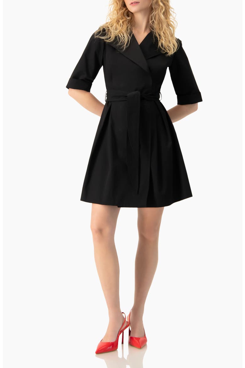 Belted Collared Short-Sleeve Shirt Mini Dress, Alternate, color, Black