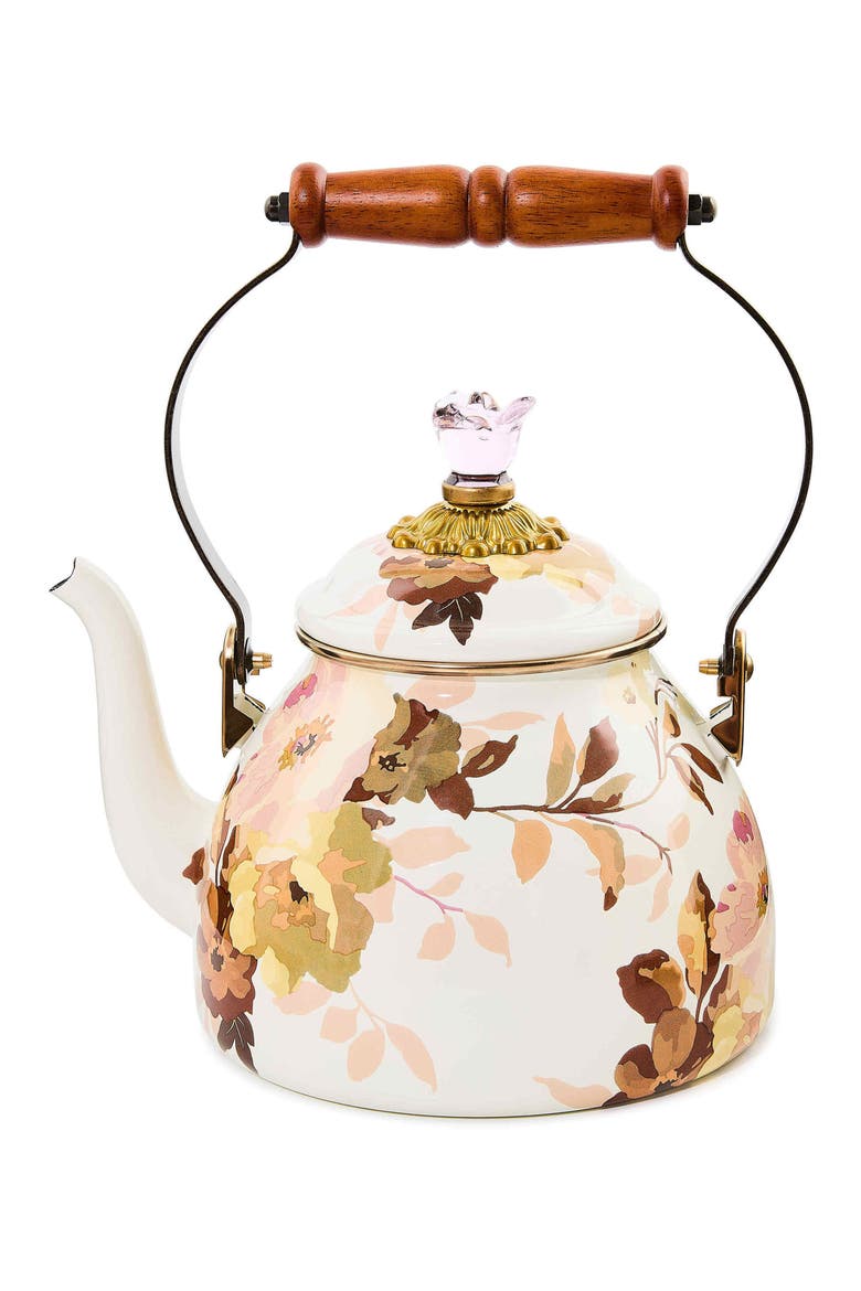 Wild Rose Enameled Steel 2-Quart Tea Kettle, Main, color, WHITE