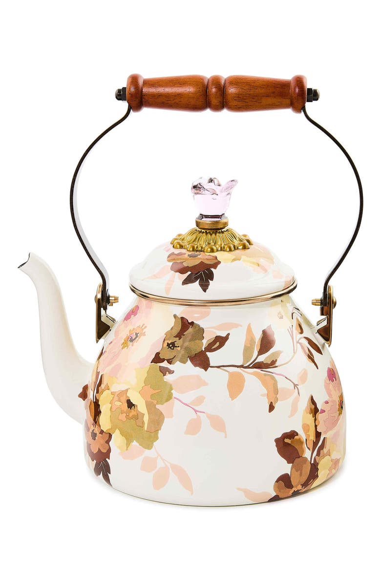 MACKENZIE CHILDS Wild Rose Enameled Steel 2-Quart Tea Kettle, Main, color, White