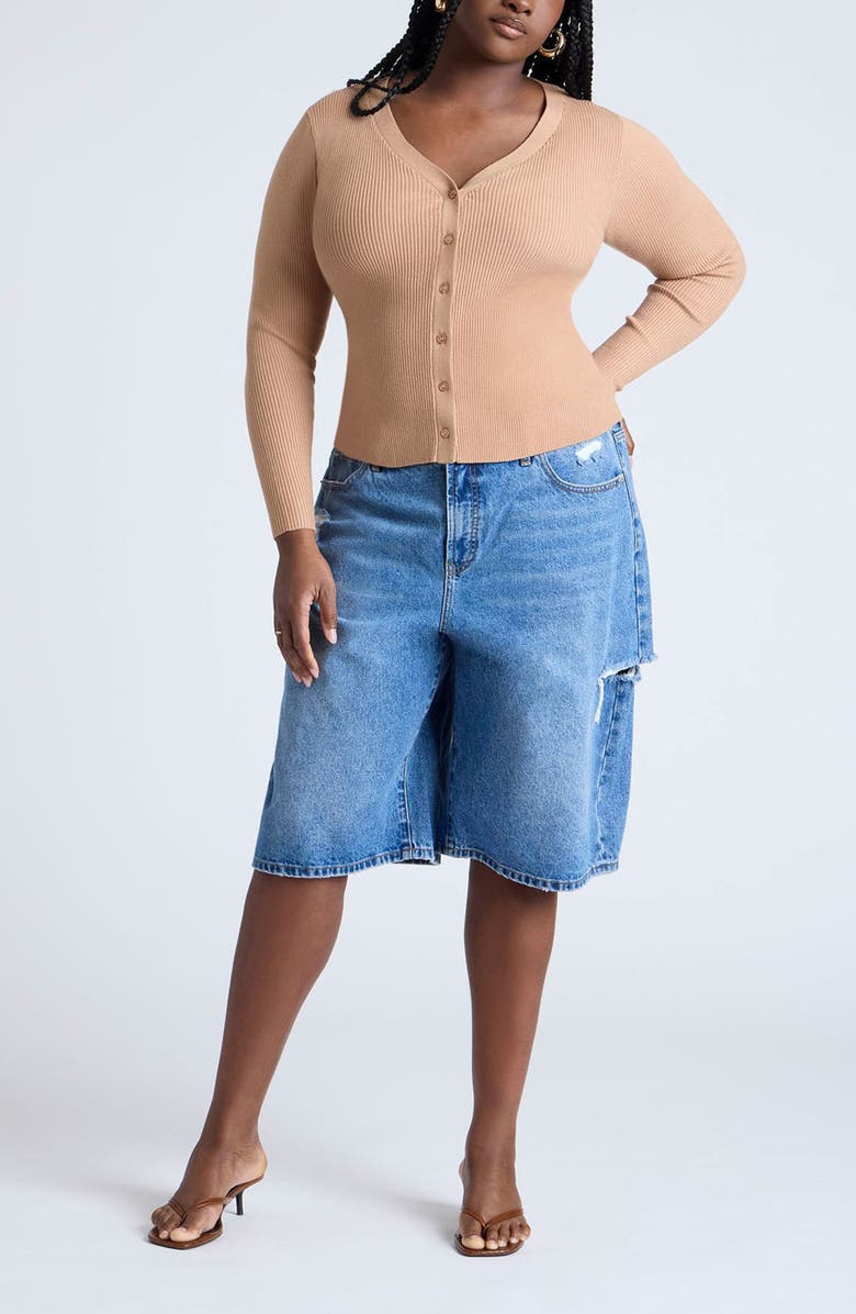 ELOQUII Fitted V-Neck Rib Cardigan, Alternate, color,