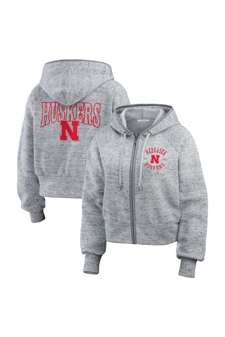 Women's WEAR by Erin Andrews Heather Gray Nebraska Huskers Wear Speckle Double-Hit Raglan Full-Zip Hoodie, Main, color, Heather Gray