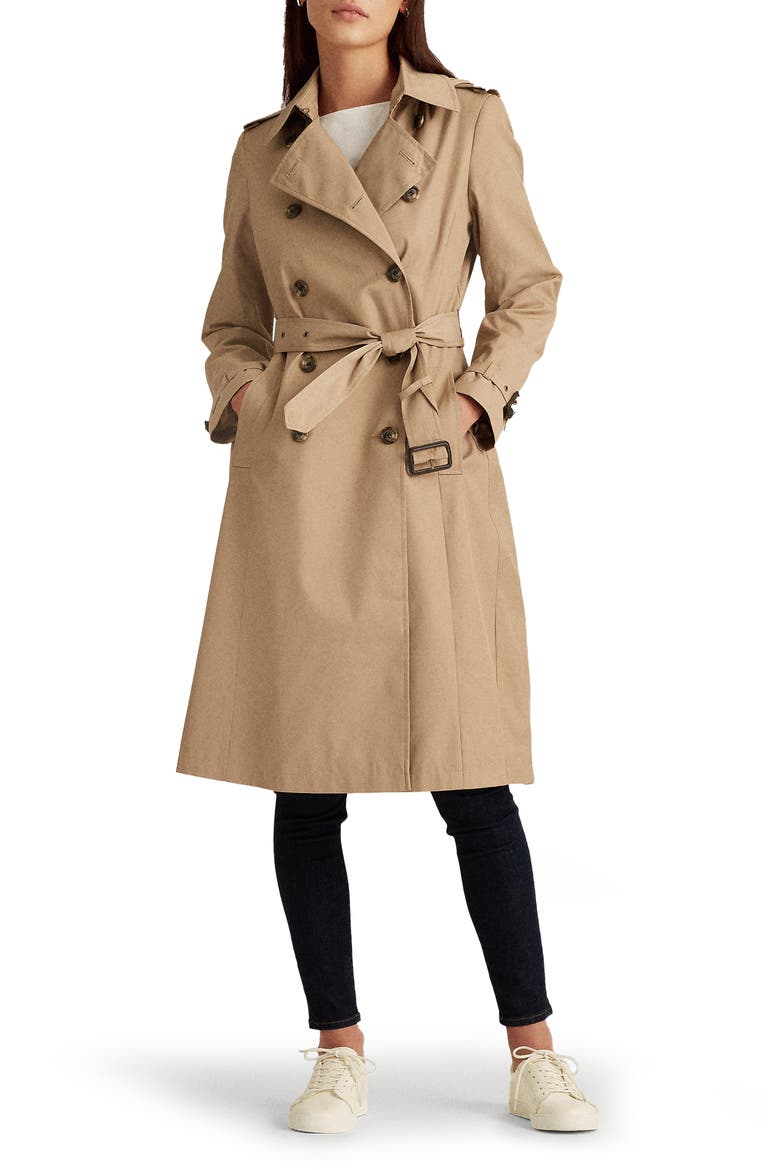 Double Breasted Long Hooded Trench Coat, Main, color, SAND