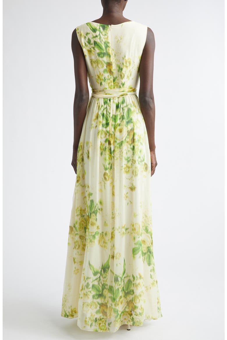 Floral Print Belted Silk Creponne Gown, Alternate, color, ROSE BOUQUET LEMONGRASS