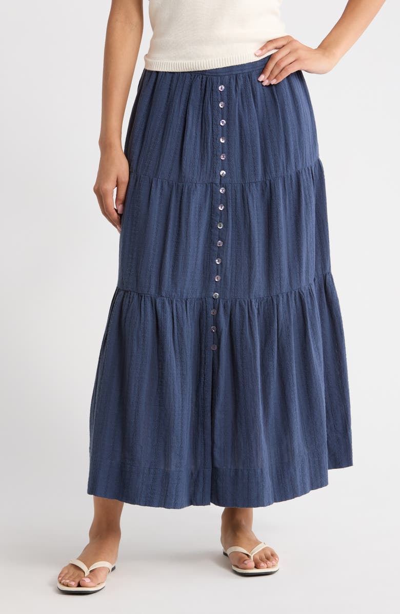 Marine Layer Lana Tiered Cotton Maxi Skirt, Main, color, Navy