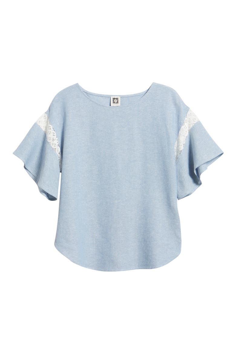 Lace Trim Flutter Sleeve Linen Blend Top, Alternate, color, LAGOON/ CRISP WHITE