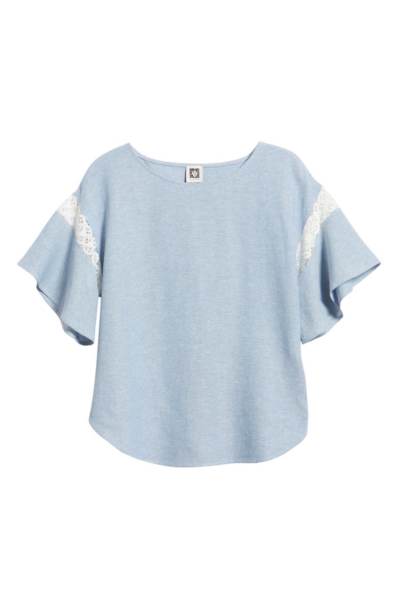 Anne Klein Lace Trim Flutter Sleeve Linen Blend Top, Alternate, color, Lagoon/ Crisp White