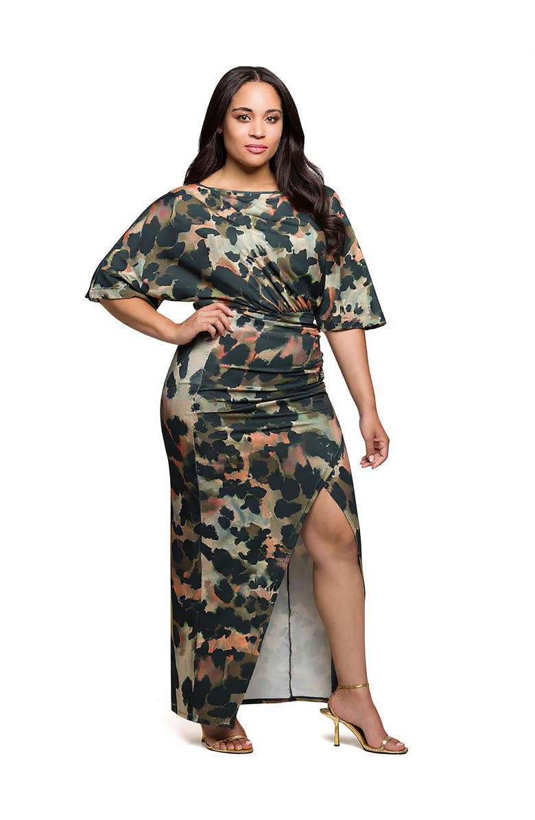 24seven Comfort Apparel Abstract Print Batwing Sleeve Maxi Dres, Alternate, color, Green Multi