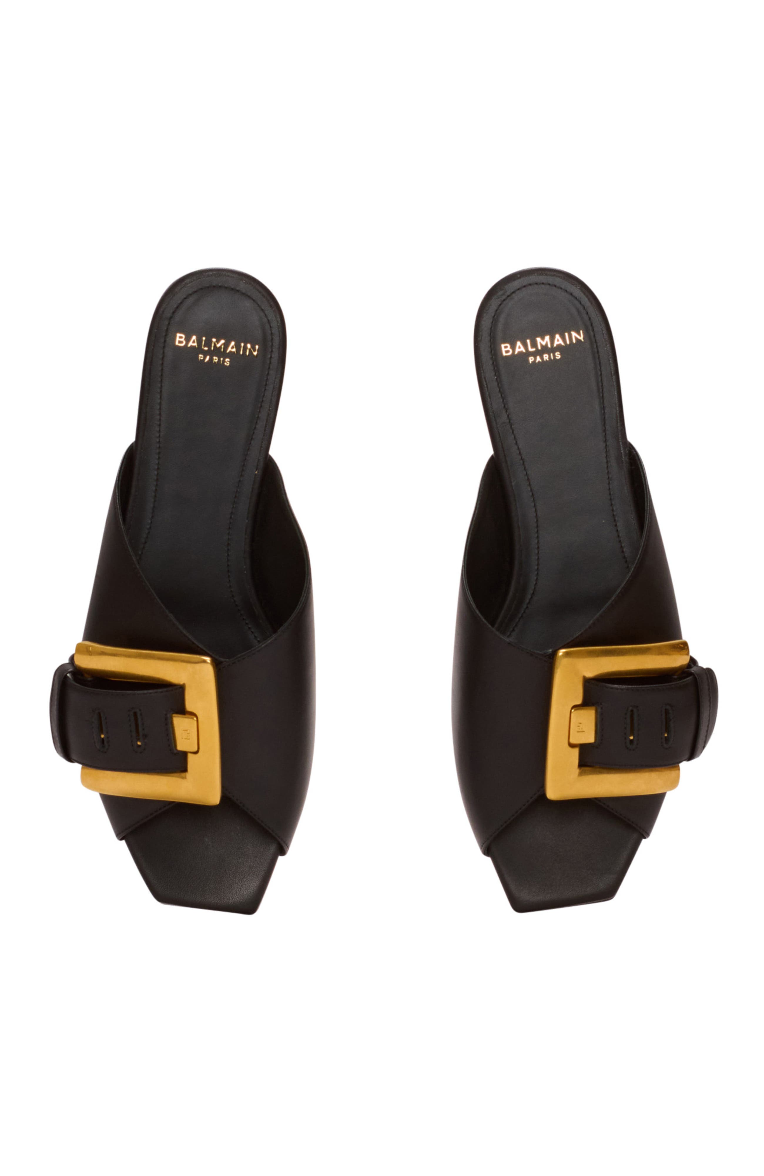 Balmain Anthem flat calfskin leather sandals, Alternate, color, Black