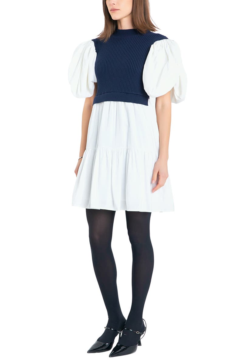 English Factory Puff Sleeve Mixed Media Sweater Dress, Alternate, color, Navy