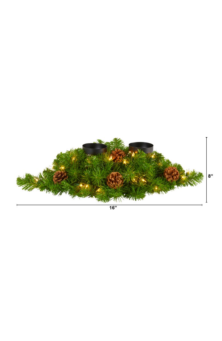 NEARLY NATURAL 24-in Artificial Christmas Double Candelabrum with 35 Warm White Lights and Pine Cones, Alternate, color, Green