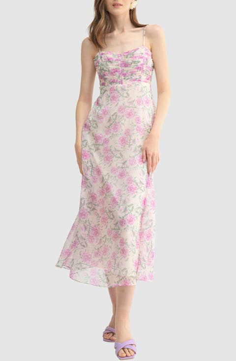 Floral Shirred Bodice A-Line Midi Dress