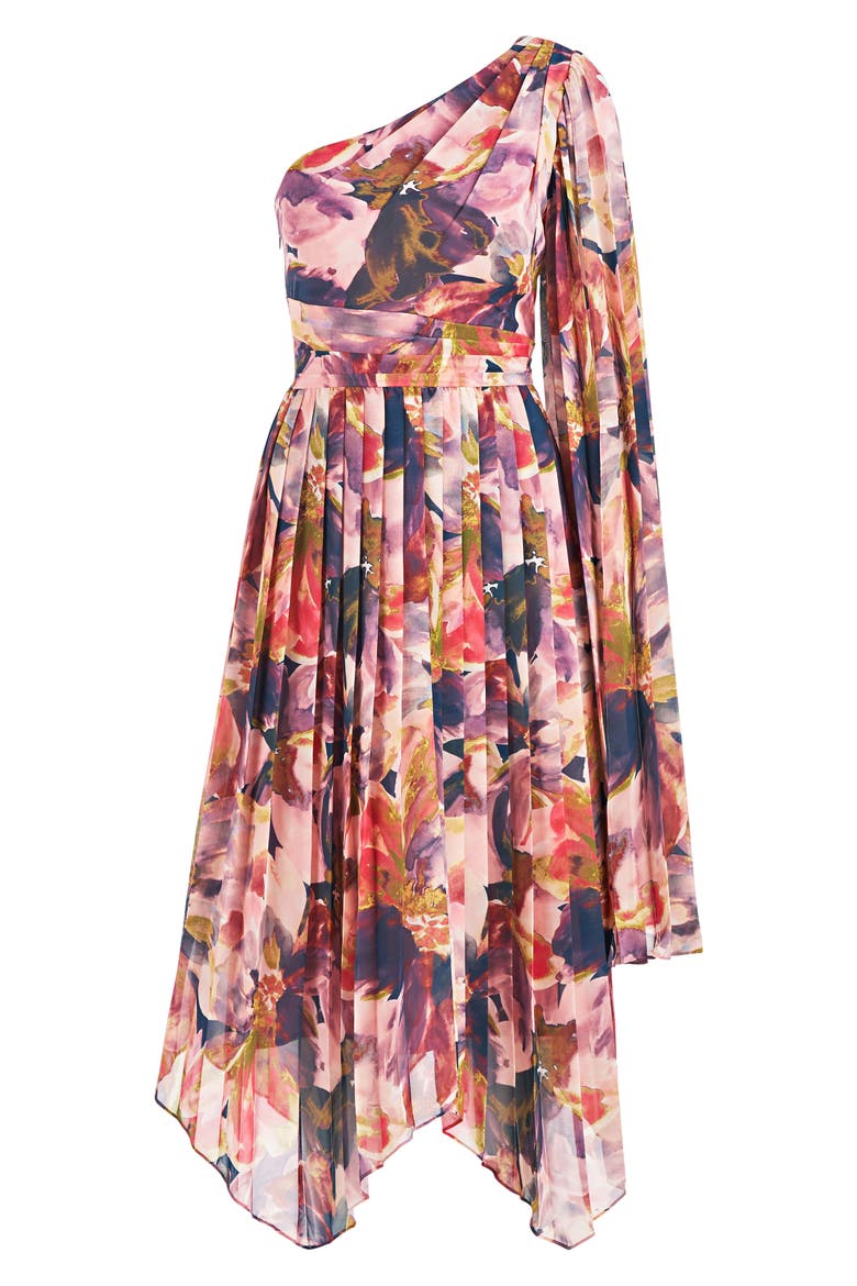 Lilah Floral One-Shoulder Chiffon Gown, Alternate, color, ROSETTE MULTI