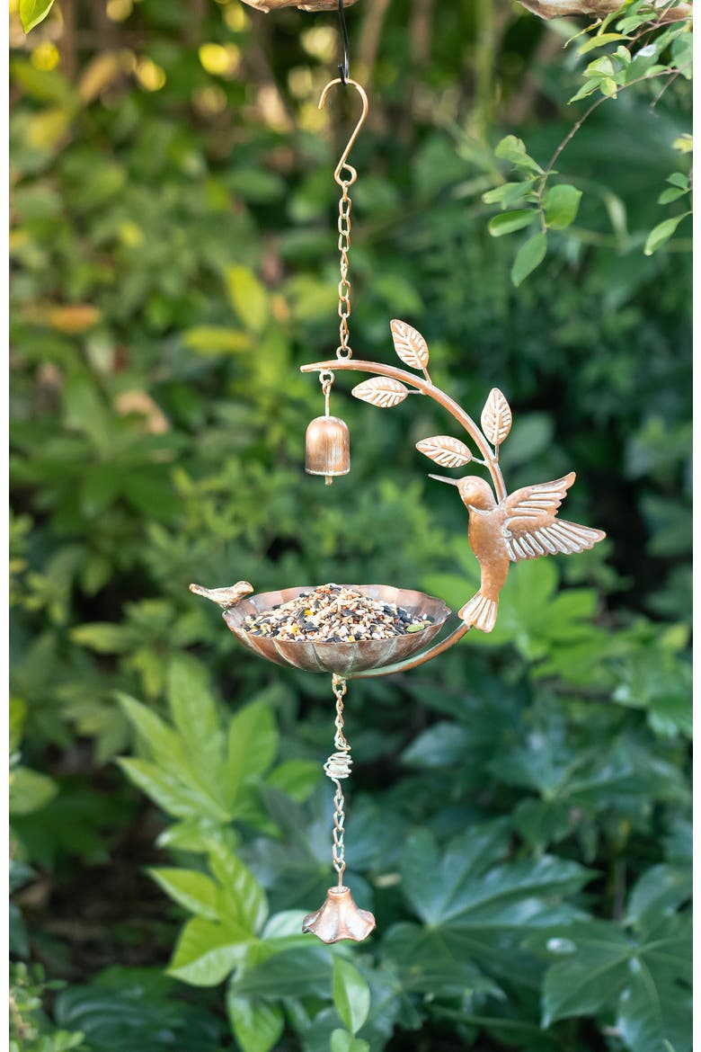 25"H Metal Faux Copper Patina Finish Hummingbird Hanging Birdfeeder, Alternate, color, Gold