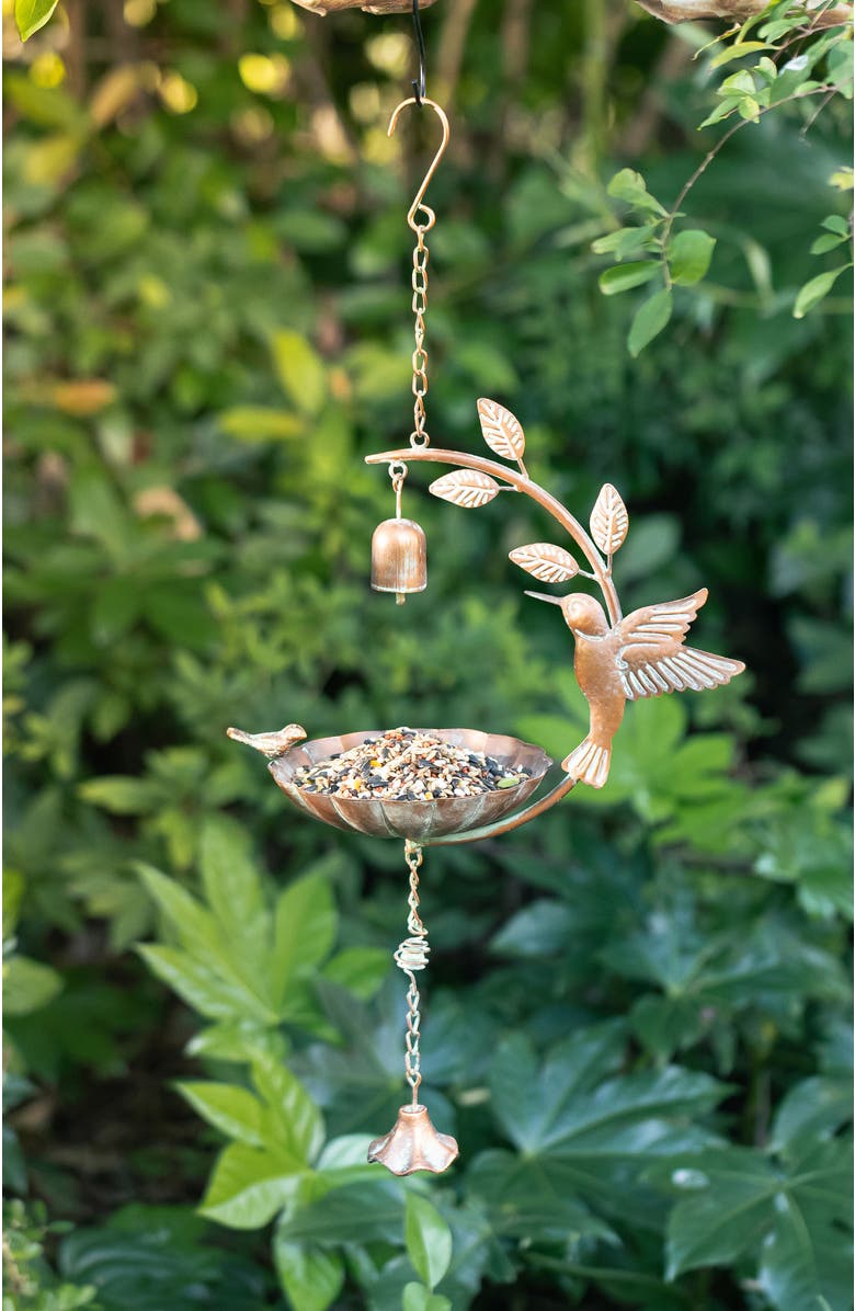 Glitzhome 25"H Metal Faux Copper Patina Finish Hummingbird Hanging Birdfeeder, Alternate, color, Gold