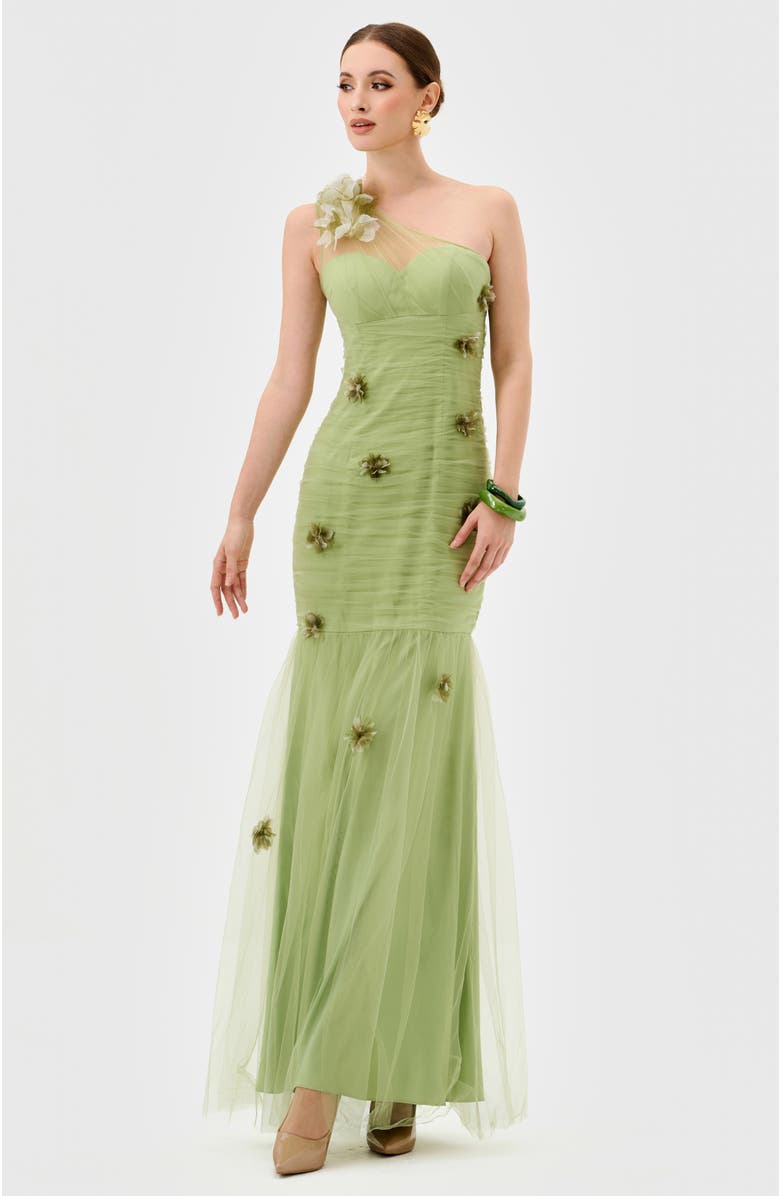 Bariano Karoline One Shoulder Tulle Gown, Alternate, color, Pistachio Green