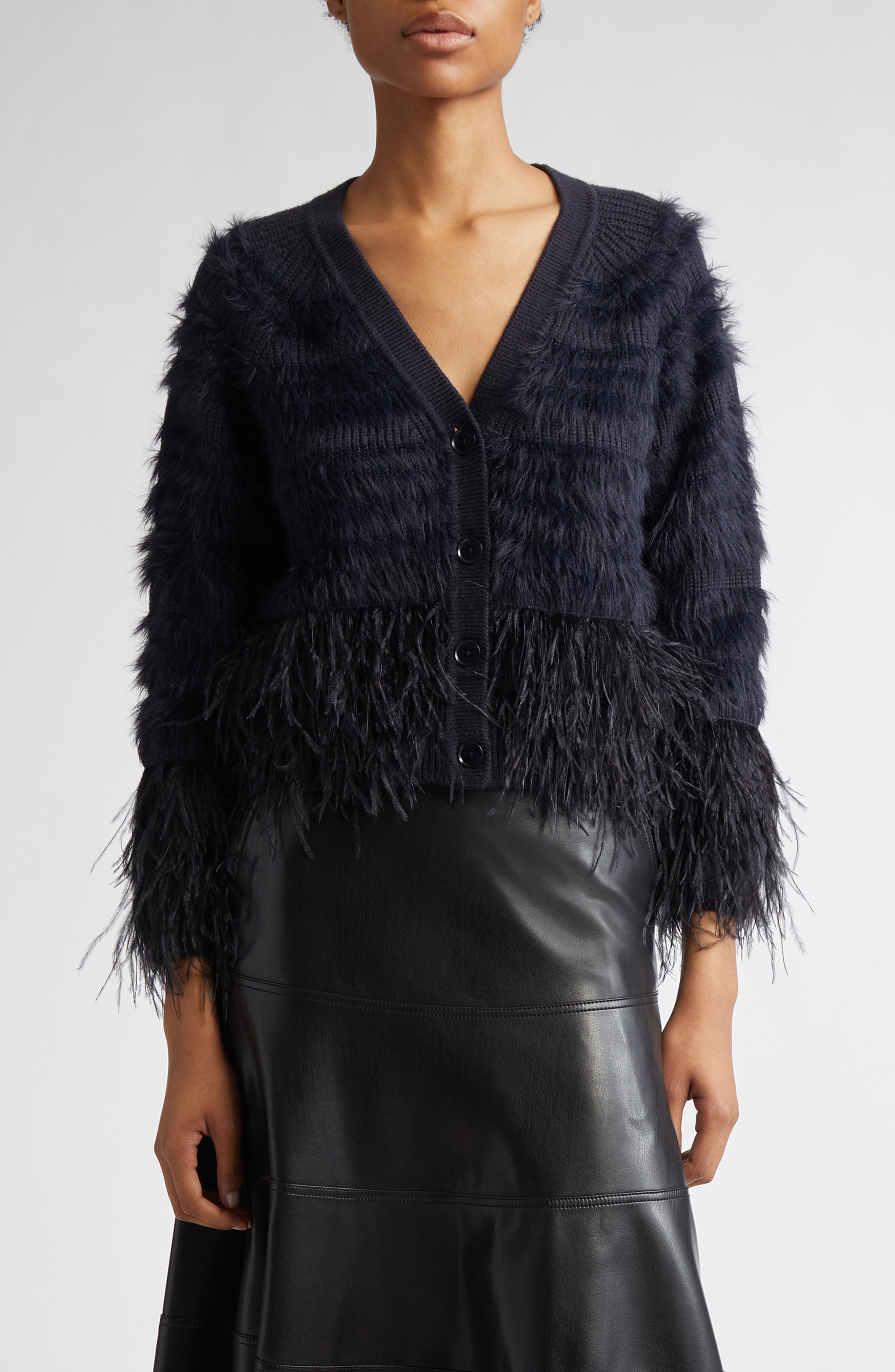 Vida Faux Feather Trim Wool Blend Cardigan