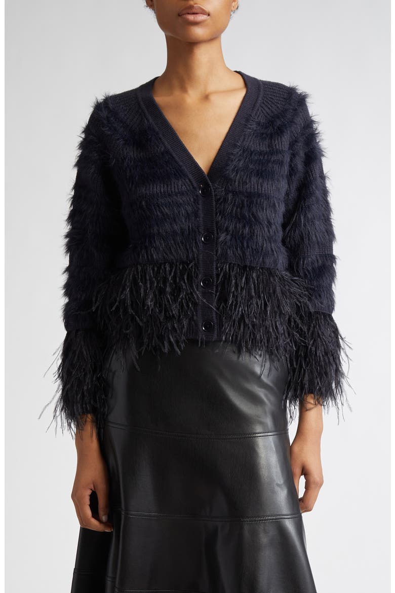 Vida Faux Feather Trim Wool Blend Cardigan, Main, color, NAVY