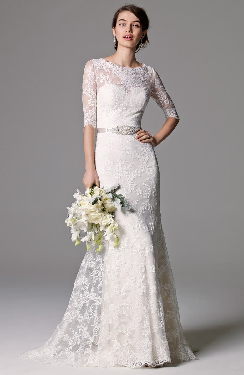 Watters Riviera Illusion Bodice Lace Gown, Alternate, color,