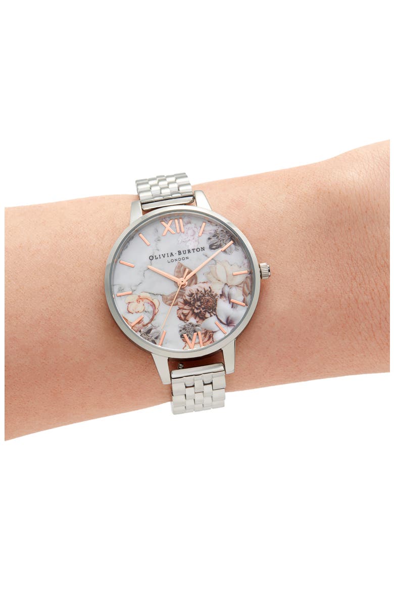 Marble Florals Bracelet Watch, 34mm, Alternate, color, SILVER/ WHITE FLORAL/ SILVER