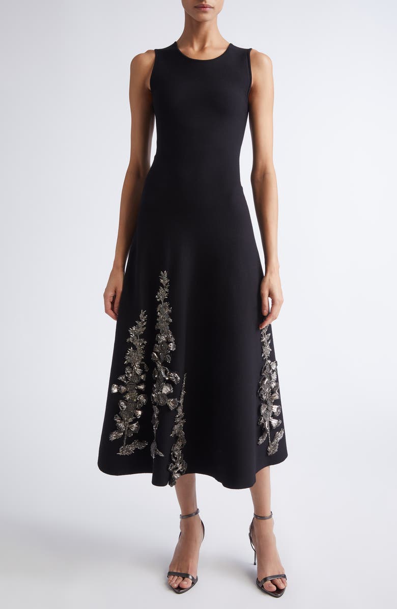 Oscar de la Renta Foxglove Embroidered Sleeveless Fit & Flare Dress, Main, color, Black