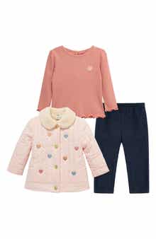 Little Me Heart Quilted Corduroy Jacket, Long Sleeve Top & Leggings Set