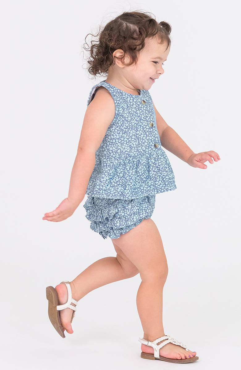 RuffleButts Kids' Fields Floral Cotton Sleeveless Top & Bloomers, Alternate, color, Blue