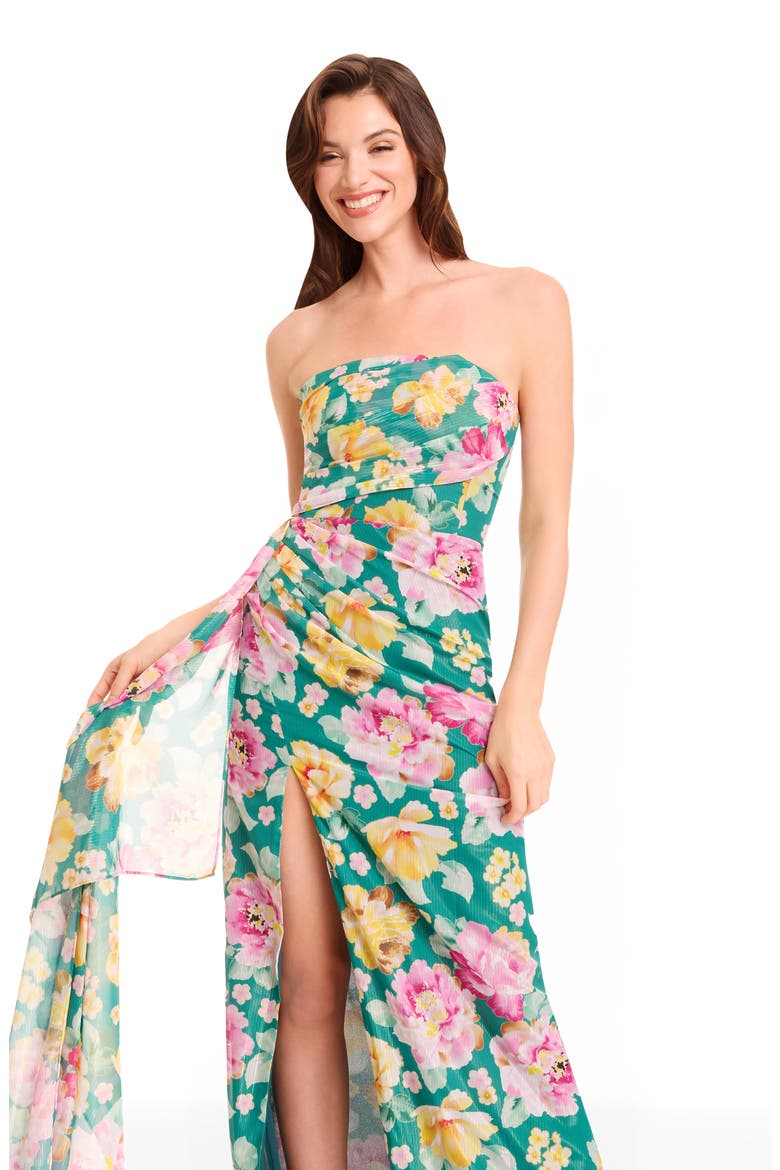 Lulu Metallic Floral Strapless Gown, Alternate, color, PINE MULTI