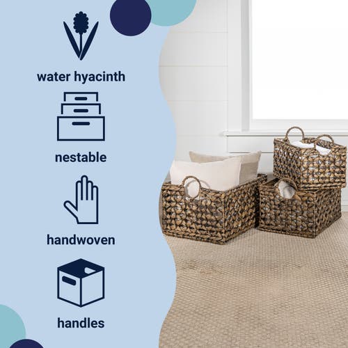 Happimess Quinn Bohemian Cottage Woven Hyacinth Rectangular Storage Baskets With Handles (set Of 3) In Brown
