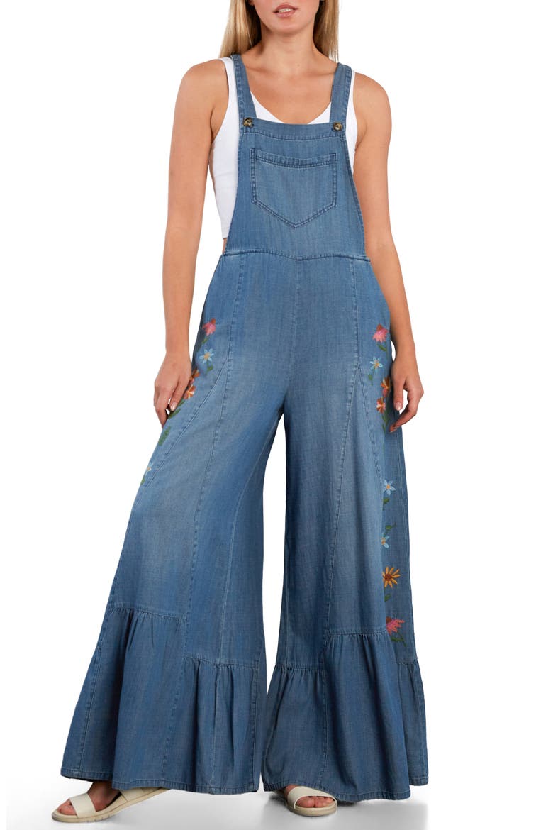Embroidered Butterfly Overalls, Main, color, VINTAGE DENIM