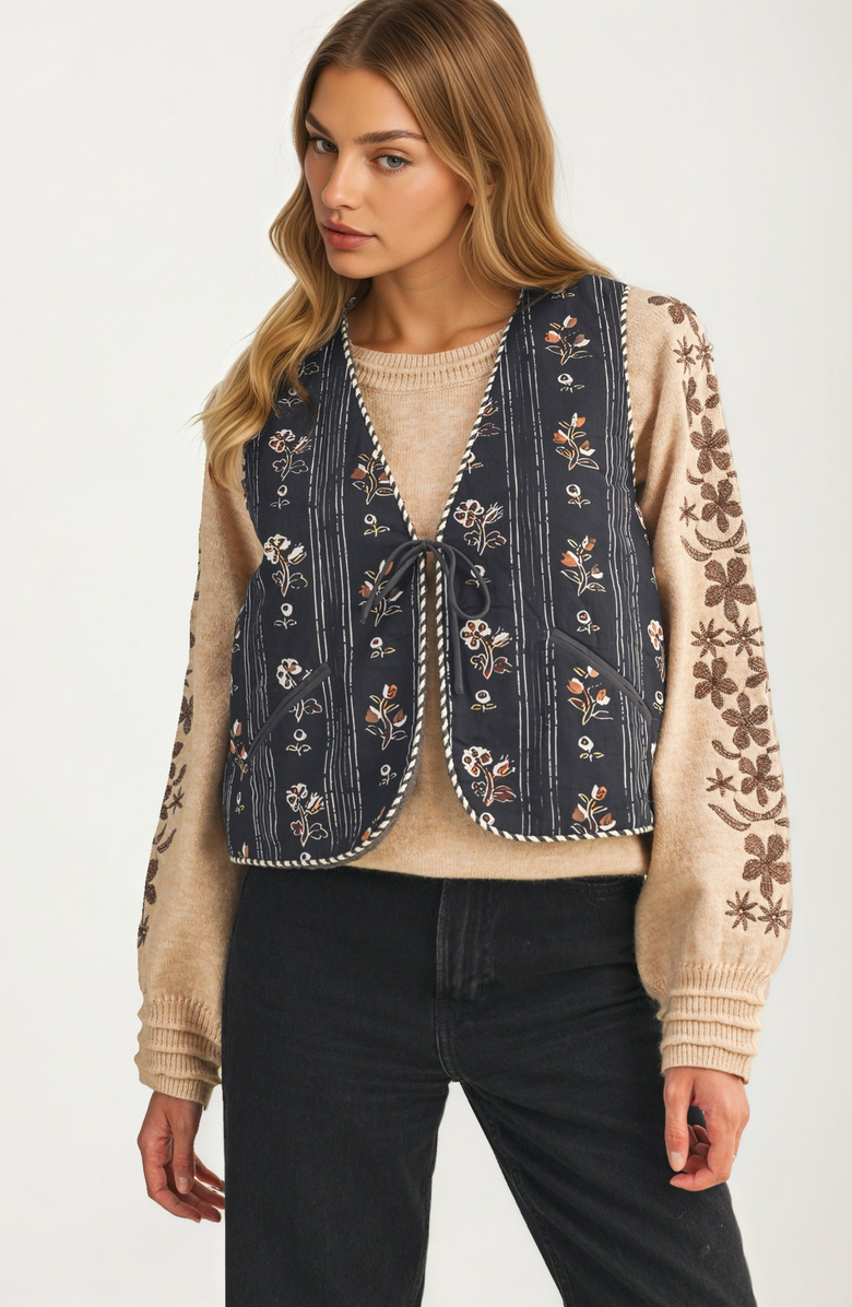 Knit and Lounge Embroidered Tie Front Vest with Floral Detailing, Main, color, Dark Blue / Floral