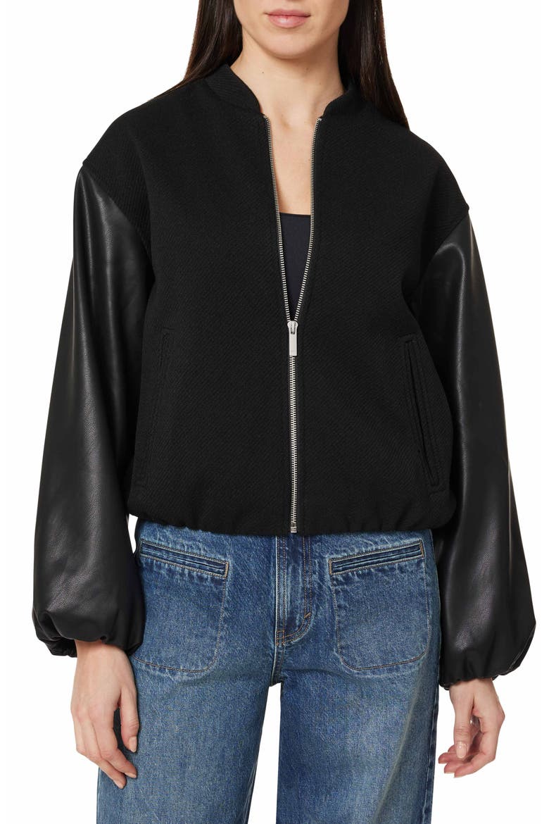 Faux Leather Sleeve Bomber, Main, color, BLACK
