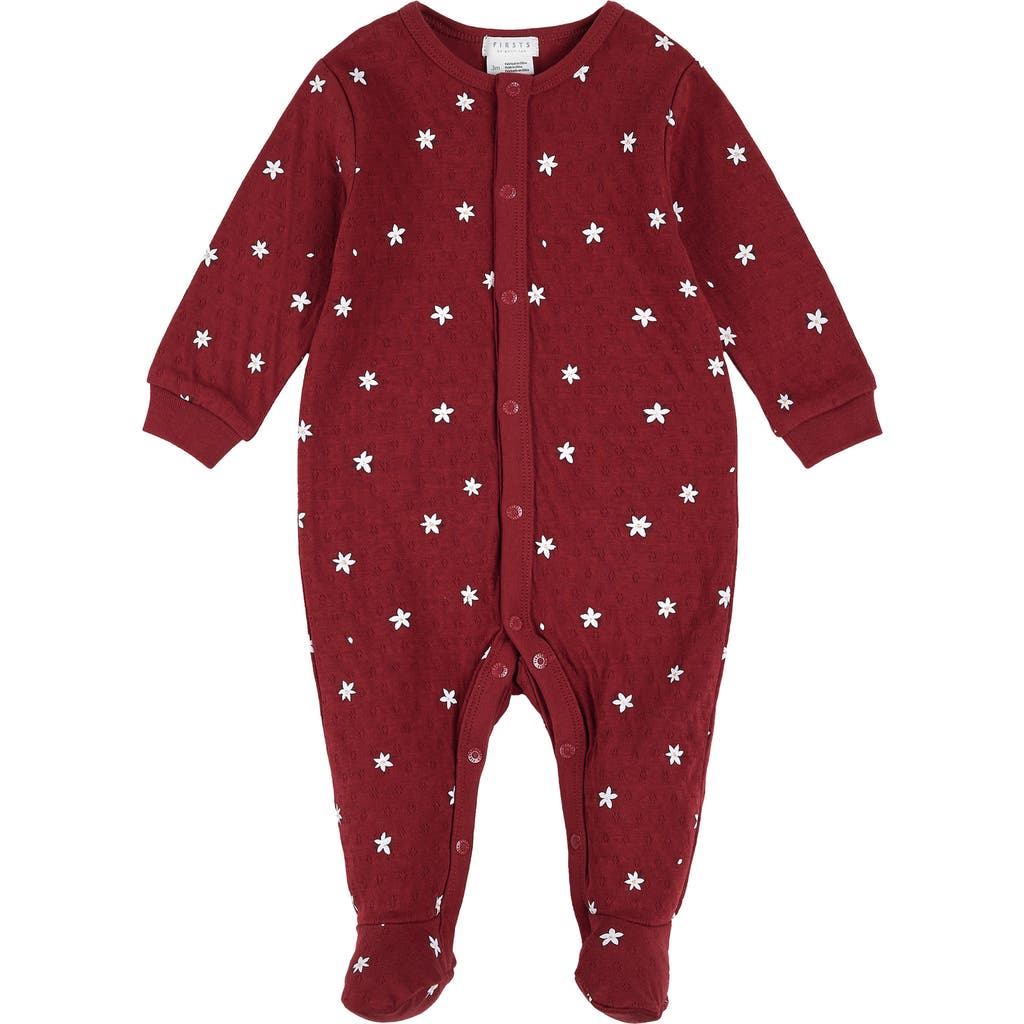 Petit Lem Poinsettia Holiday Print Organic Cotton Pointelle Footed One-Piece Pajamas in Red